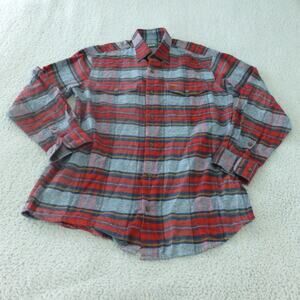 Orvis Shirt Mens Medium Flannel Button Up Plaid Outdoor Hiking Camp Red Blue